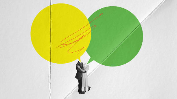 istock Loving couple hugging, dancing and talking, Giant speech bubbles with empty space for text. Contemporary art collage. 1494319606