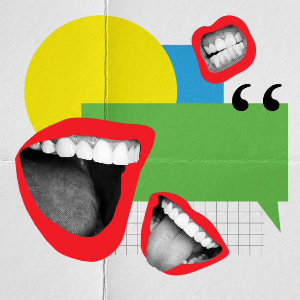 Many female mouths talkig, shouting symbolzing communication and quotation. Contemporary art collage. Concept of business, social media, information, communication. Creative design