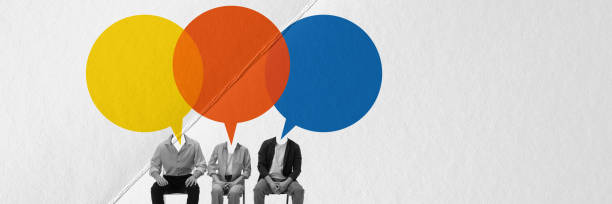 Three people sitting with giant speech bubbles over head with blank space for text. Discussion of ideas and opinion. Contemporary art collage.