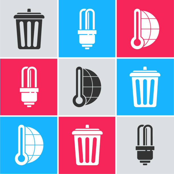 Set Trash can, LED light bulb and Meteorology thermometer measuring icon. Vector