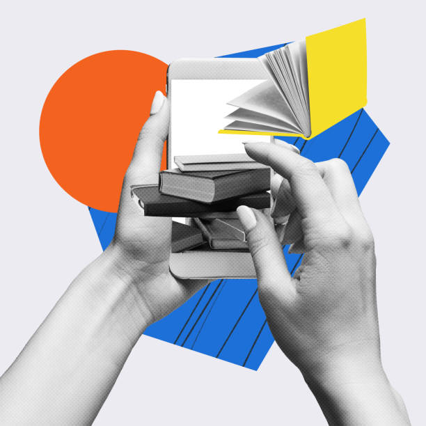 Online library. Woman using mobile phone with many books inside. Fast and easy way to get all books and information. Contemporary art collage. Concept of online education, Internet, modern technology