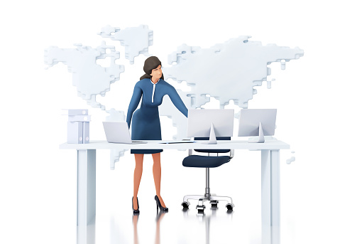 Successful business woman works in office by her desk. 3D rendering illustration.