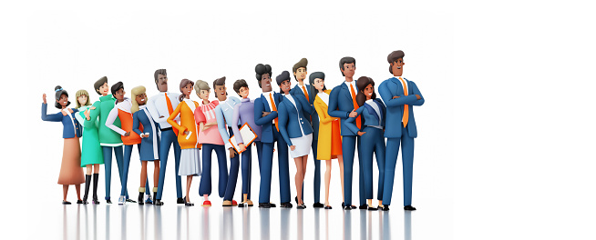 Successful business people, multi cultural business team stay in line. 3D rendering illustration