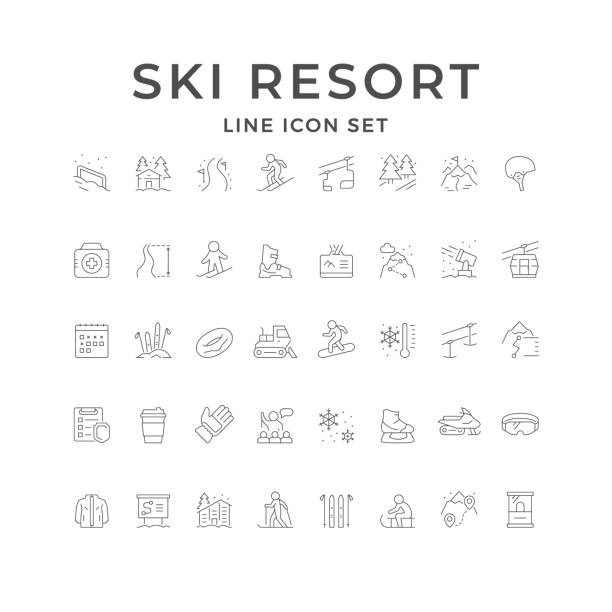 스키 리조트의 라인 아이콘 설정 - ski insurance stock illustrations