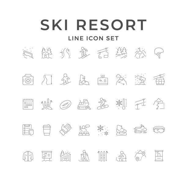 ilustrações, clipart, desenhos animados e ícones de definir ícones de linha da estação de esqui - ski resort snow hotel mountain