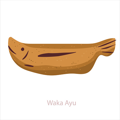 Waka Ayu or Young Sweetfish. Japanese confectionery with rice cake wrapped in oval and formed like fish. Vector cartoon illustration isolated on white