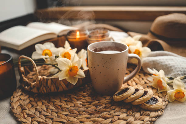 istock Cup of hot tea and spring home interior. good morning concept 1494326090