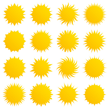 Set of yellow starburst stickers. Vector circle shapes. Simple stickers, labels. Different variations.