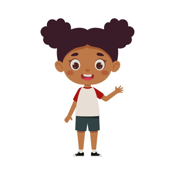 Cute cartoon little girl waving her hand. Little schoolgirl character. Vector illustration Cute cartoon little girl waving her hand. Little schoolgirl character. Vector illustration. kid waves stock illustrations