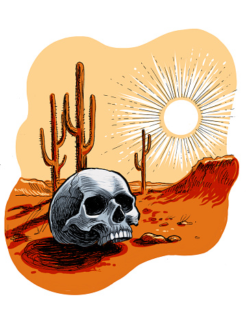 Human skull in Mexican desert. Hand drawn ink on paper and hand colored on tablet