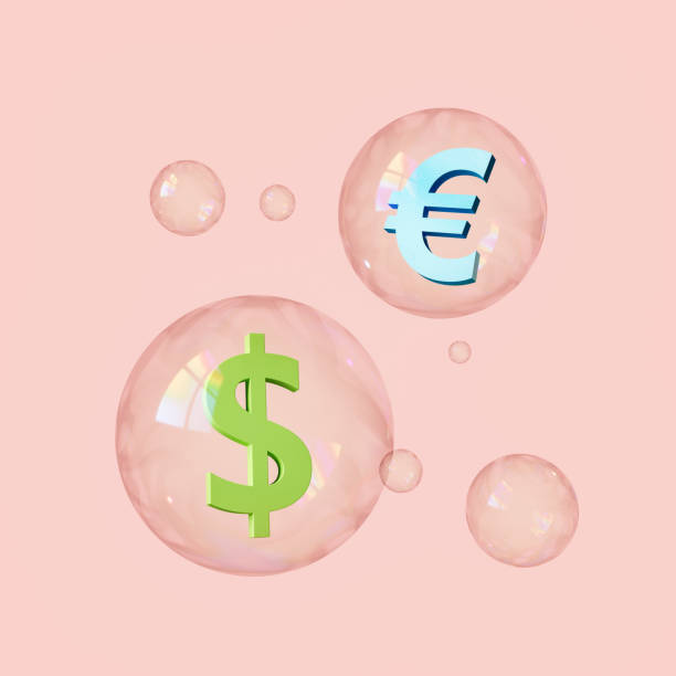 ilustração 3d vibrante de símbolos de euro e dólar em bolhas - bubble soap sud dollar sign abstract - fotografias e filmes do acervo