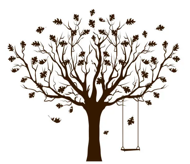 Vector illustration of Isolated Fall Tree With Swing Silhouette On A Transparent Background