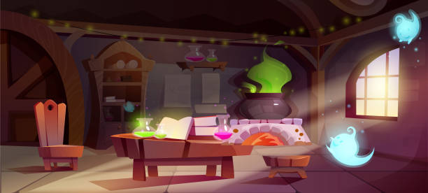 Wizard alchemical room Wizard alchemical room. Table with test tubes with chemicals and ingredients next to cauldron with green fumes. Potion brewing and magic, witchcraft and sorcery. Cartoon flat vector illustration fantasy castle interior stock illustrations