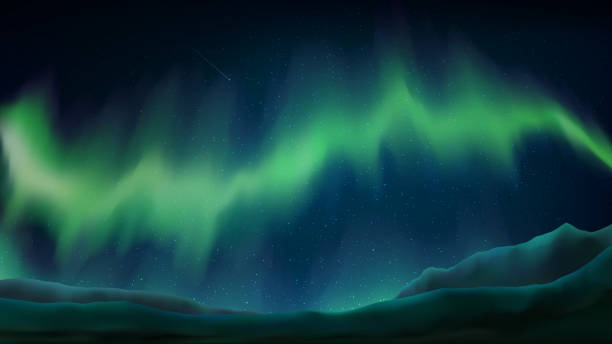 istock Northern lights. Aurora boreal. Stunning green northern lights on a dark blue starry sky background. Mountains, rocks, stars, aurora borealis. Night, landscape. Vector illustration 1494333115