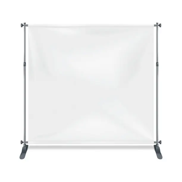 Vector illustration of White blank folding square advertising banner on metal frame realistic vector mockup. Empty portable backdrop display stand mock-up. Template for design