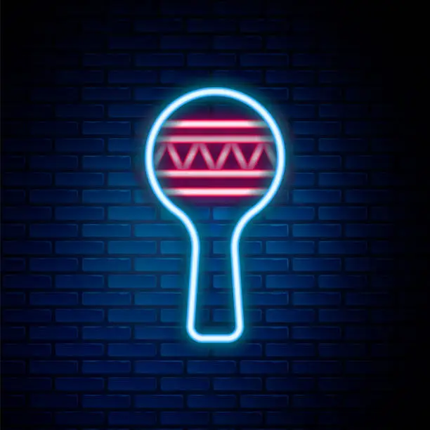Vector illustration of Glowing neon line Maracas icon isolated on brick wall background. Music maracas instrument mexico. Colorful outline concept. Vector