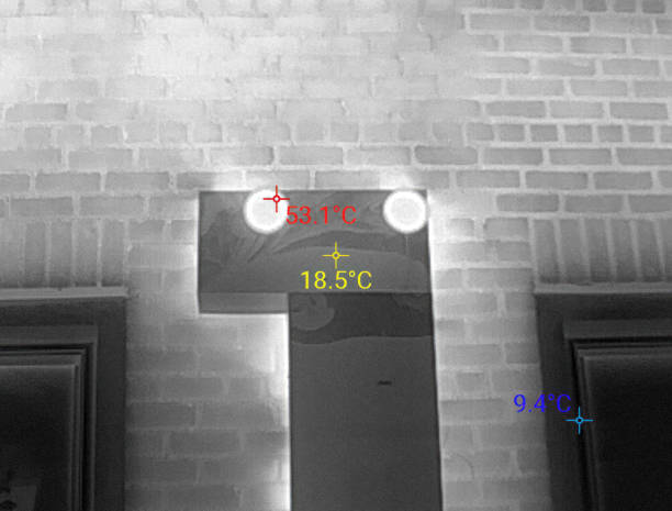 Hot outlet ventilation pipe in thermal specter with Celsius temperature distribution. Monochrome ventilation pipe lining in Infrared Thermal specter.
