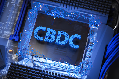 CBDC Digital Concept With Blue Cubes And Plexus On Motherboard. 3D Rendering