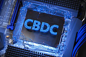 CBDC Digital Concept With Blue Cubes And Plexus On Motherboard