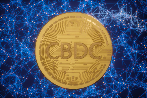 CBDC (Central Bank Digital Currency) On Blue Background With Plexus And Red Connection Dots. 3D Rendering