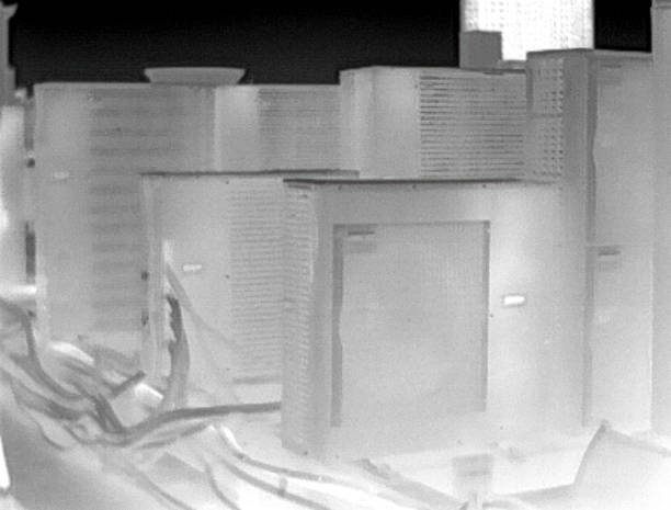 Split system installation and checking of heat lack in monochrome infrared specter. Sets of cooling towers in conditioning systems on the roof