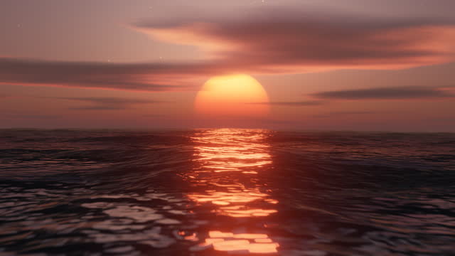 Flying low over ocean at sunset. Stylized looped animation. 3d render.