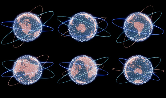 Set of glowing Earth Globes on black background. Plexus network, big data, technology global communications, internet. 3d render.