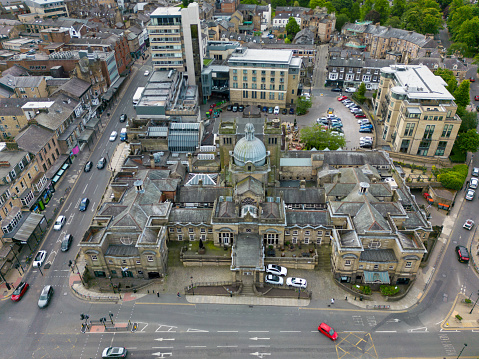 This aerial drone photo shows the town of Harrogate. Harrogate is an old but beautiful town in North-Yorkshire, England.