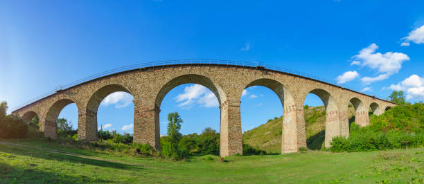 A freight train travels swiftly over a historic stone viaduct, showcasing rail infrastructure in a rural landscape. The arches support the railway, adding charm to the scenery.