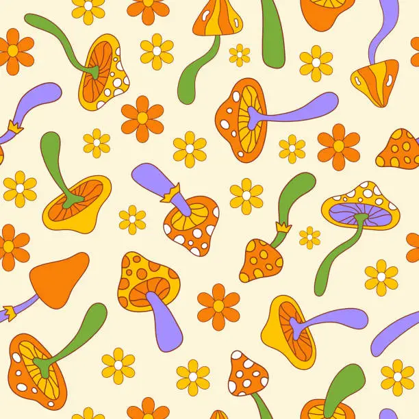 Vector illustration of Floral hippie seamless pattern with mushrooms and daisy flowers on a beige background