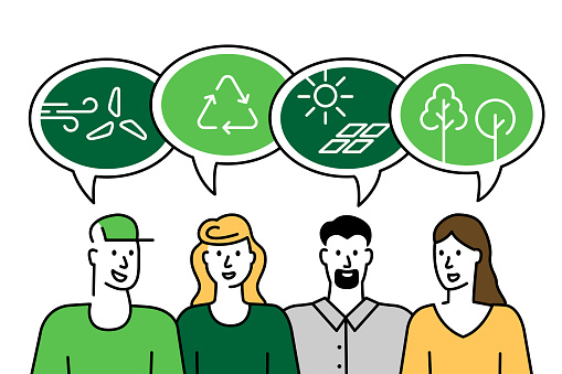 Four people are discussing green living. Topics related to sustainable living, renewable energy, recycling, reforestation. Simple, flat illustration. Illustration with editable strokes.