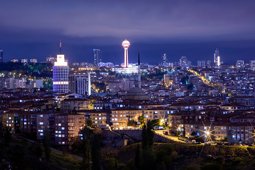 Wonderful night view long exposure where the Atakule and Sheraton Hotel located in Ankara Cankaya