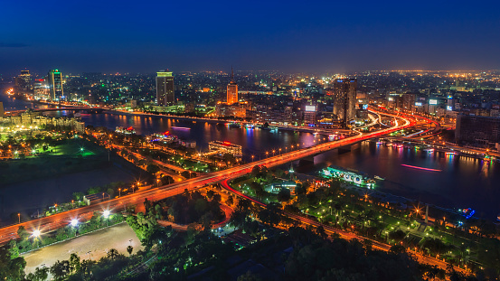 A cityscape of the downtown area of Cairo, capital city of Egypt - aerial view. \n This panoramic landscape is an very high resolution multi-frame composite and is suitable for large scale printing.