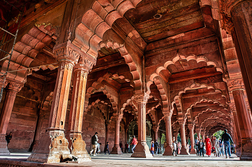 Delhi, India - February 23, 2023: The Diwan-i-Aam, Hall of Audience, built by Mughal emperor Shah Jahan, located in the Red Fort of Delhi, where the Mughal emperor received members of the general public and heard their grievances.