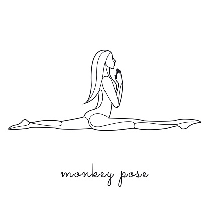 Woman practicing yoga, Monkey pose pose, line style illustration