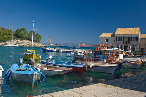The pretty little harbourside village of Loggos, Paxos, Greece, a small fishing village on the east coast of Paxos, almost untouched by tourism