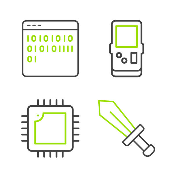 illustrazioni stock, clip art, cartoni animati e icone di tendenza di imposta la linea sword per il gioco, processore con cpu, tetris e icona del codice binario. vettore - 5551