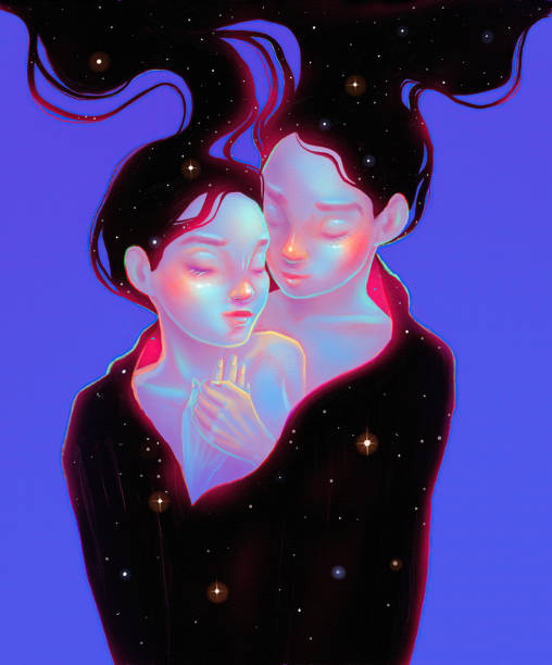 Couple of girls hugging. Digital illustration Couple of pale girls with long black hair hugging. Digital illustration couple hope sky blue stock illustrations