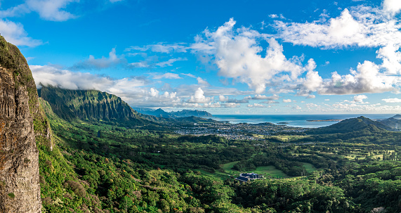 Panoramic aerial image from the Pali Lookout on the island of Oahu in Hawaii.