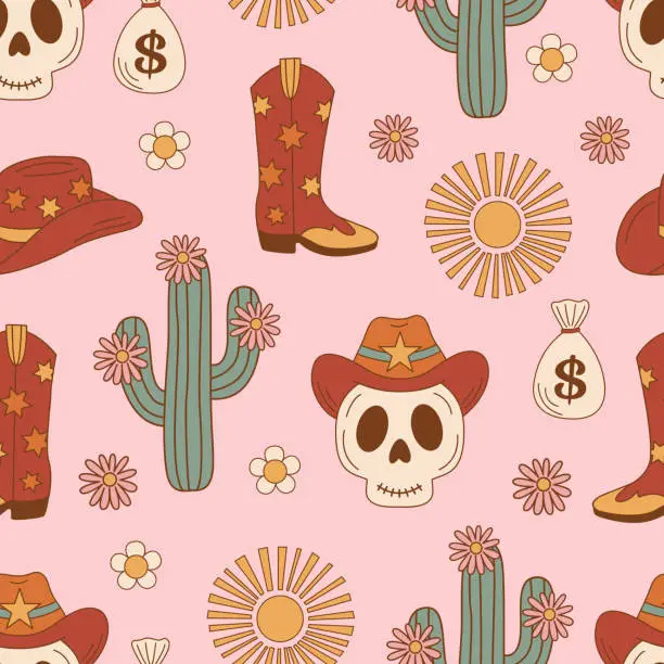 Vector illustration of seamless pattern with skull, cactus, boot, cowboy hat