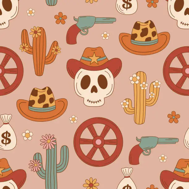 Vector illustration of seamless pattern with cowboy skull, cacti, revolver