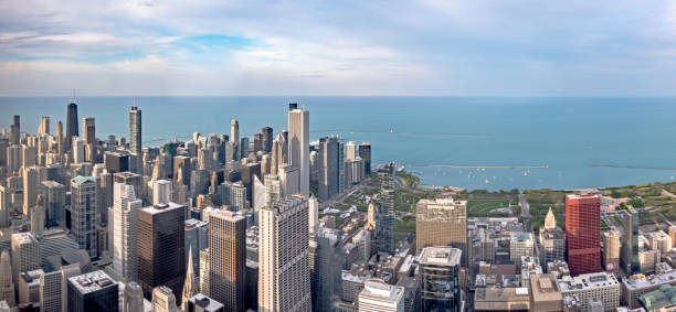 istock Chicago city skyscrapers aerial view, blue sky background. Skydeck observation deck 1494347476