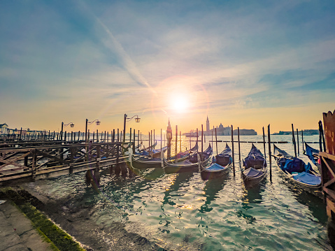 Gondola at St Marks Square Venice Italy in the morning looking towards Lido