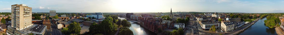 Beautiful Aerial Footage of Central Bedford City of England Great Britain of UK. The Downtown's Footage Was Captured with Drone's Camera from Medium Altitude from River Great Ouse on 28-May-2023.