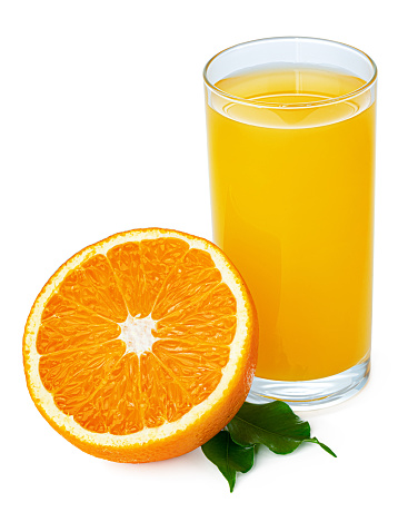 Front view of an orange juice glass shot on reflective white background. Two drinking straws are in the glass. Whole and sliced range fruits are beside the glass. The composition is at the left of an horizontal frame leaving useful copy space for text and/or logo at the right. Predominant colors are orange and white. High resolution 42Mp studio digital capture taken with Sony A7rii and Sony FE 90mm f2.8 macro G OSS lens