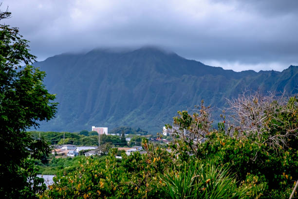 Kualoa mountain range panoramic view, famous filming location on Oahu island, Hawaii stock photo