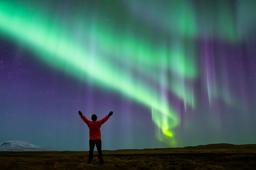 Northern Lights Aurora.  Aurora borealis. A wonderful night with northern lights in iceland. Icelandic spiral northern lights.