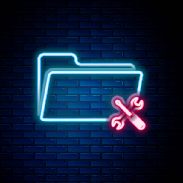 istock Glowing neon line Folder with screwdriver and wrench icon isolated on brick wall background. Adjusting, service, setting, maintenance, repair, fixing. Colorful outline concept. Vector 1494351714