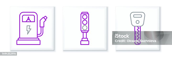 istock Set line Car key, Electric car charging station and Traffic light icon. Vector 1494352914