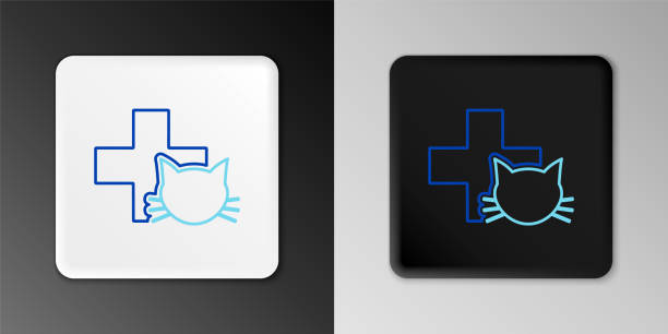 istock Line Veterinary clinic symbol icon isolated on grey background. Cross with cat veterinary care. Pet First Aid sign. Colorful outline concept. Vector 1494354662